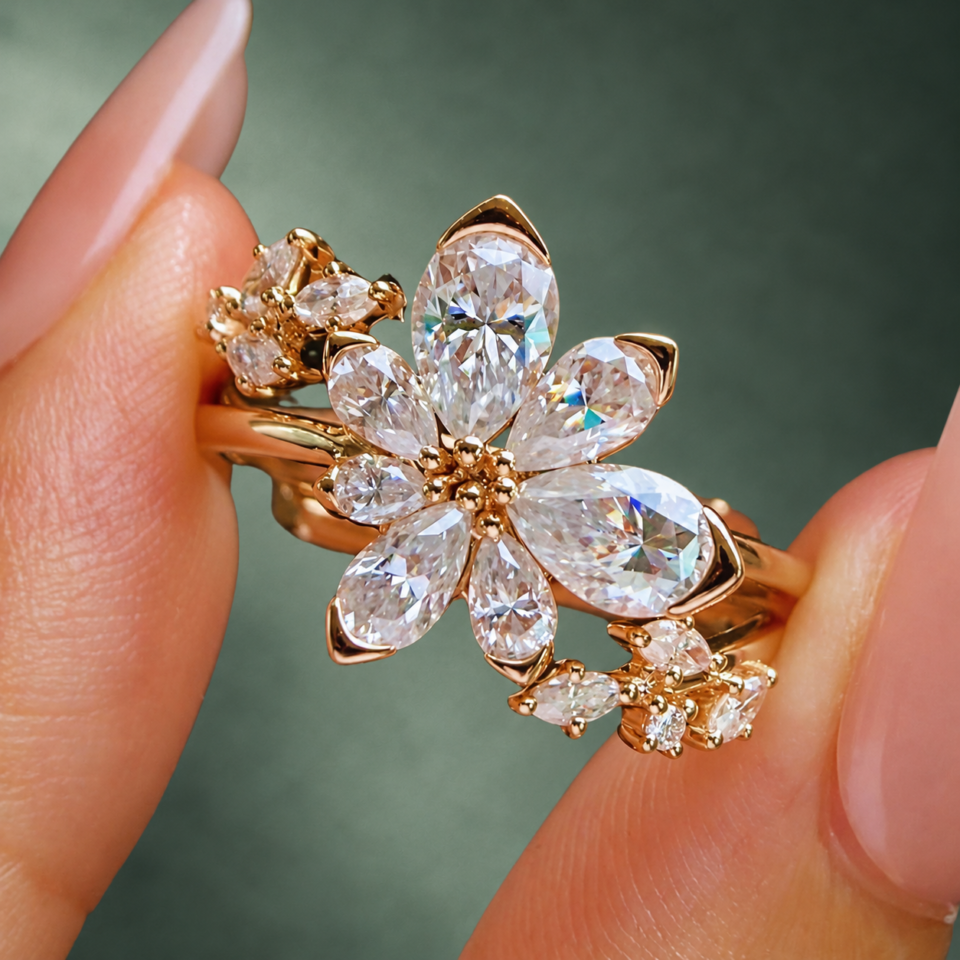 Asymmetric Floral Cluster Bridal Ring Set with Pear-Shaped Moissanite (5)