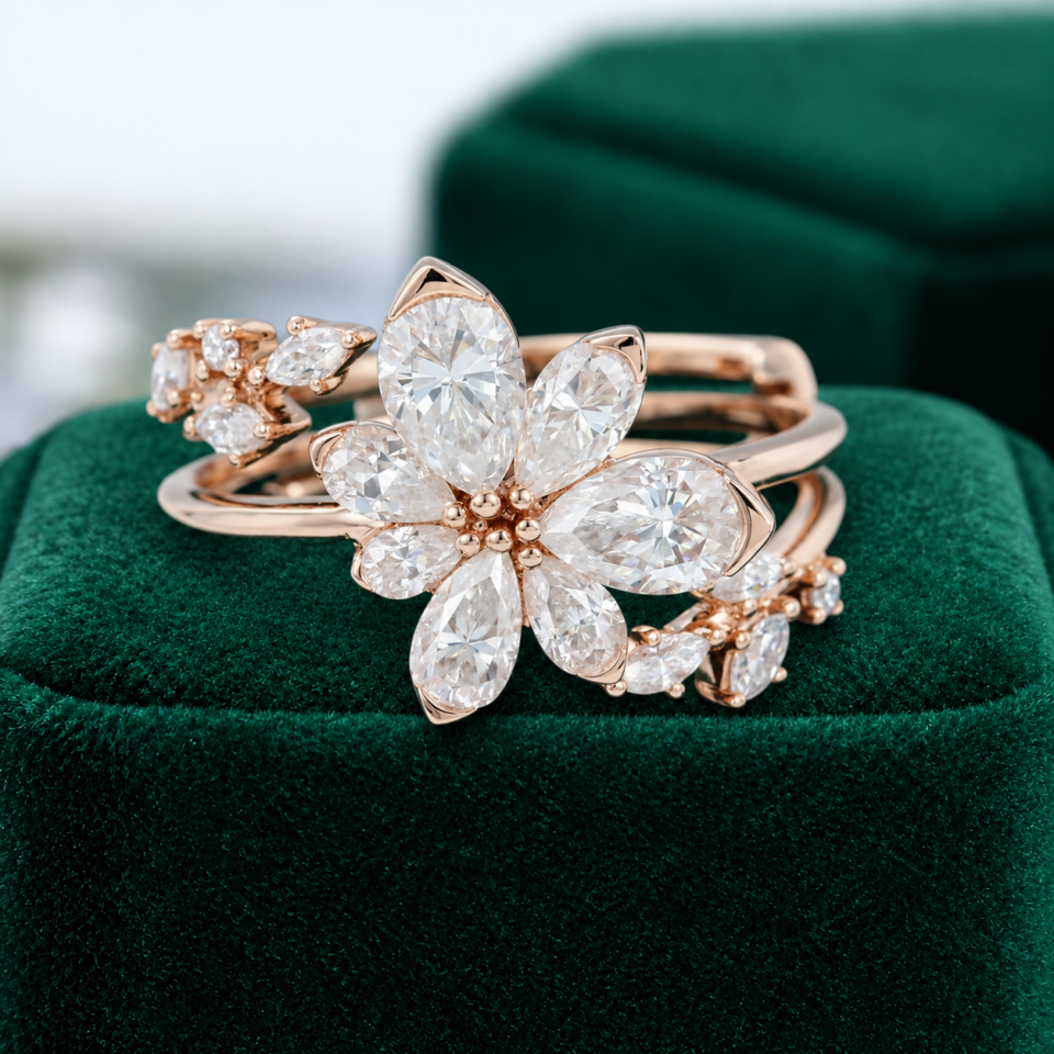 Asymmetric Floral Cluster Bridal Ring Set with Pear-Shaped Moissanite