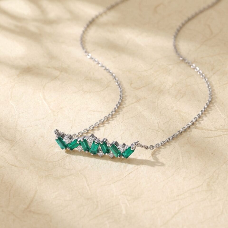 Bar Necklace with Baguette Cut Lab Emerald5