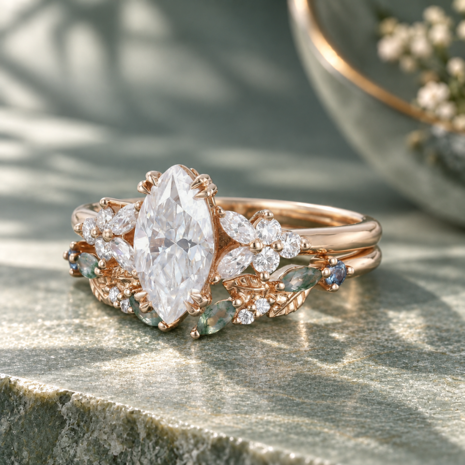 Blossom Cluster Engagement Ring Set with Marquise Cut Moissanite – Nature Inspired Bridal Set (1)
