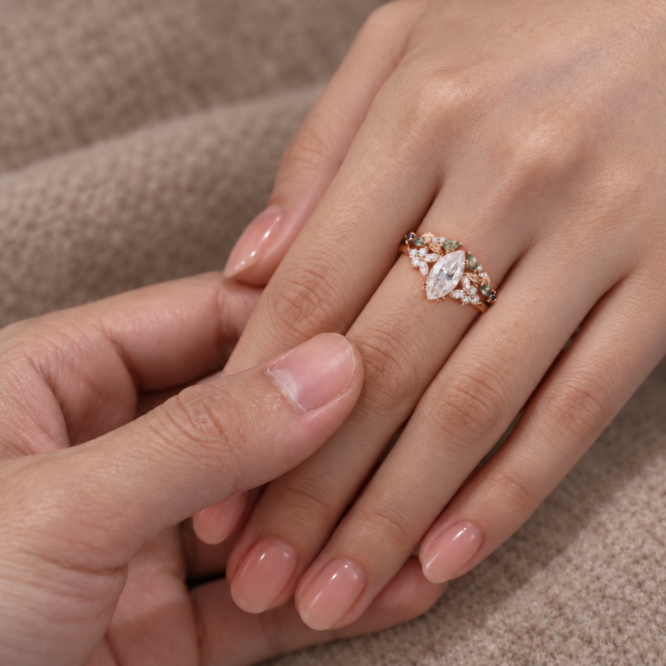 Blossom Cluster Engagement Ring Set with Marquise Cut Moissanite – Nature Inspired Bridal Set (4)