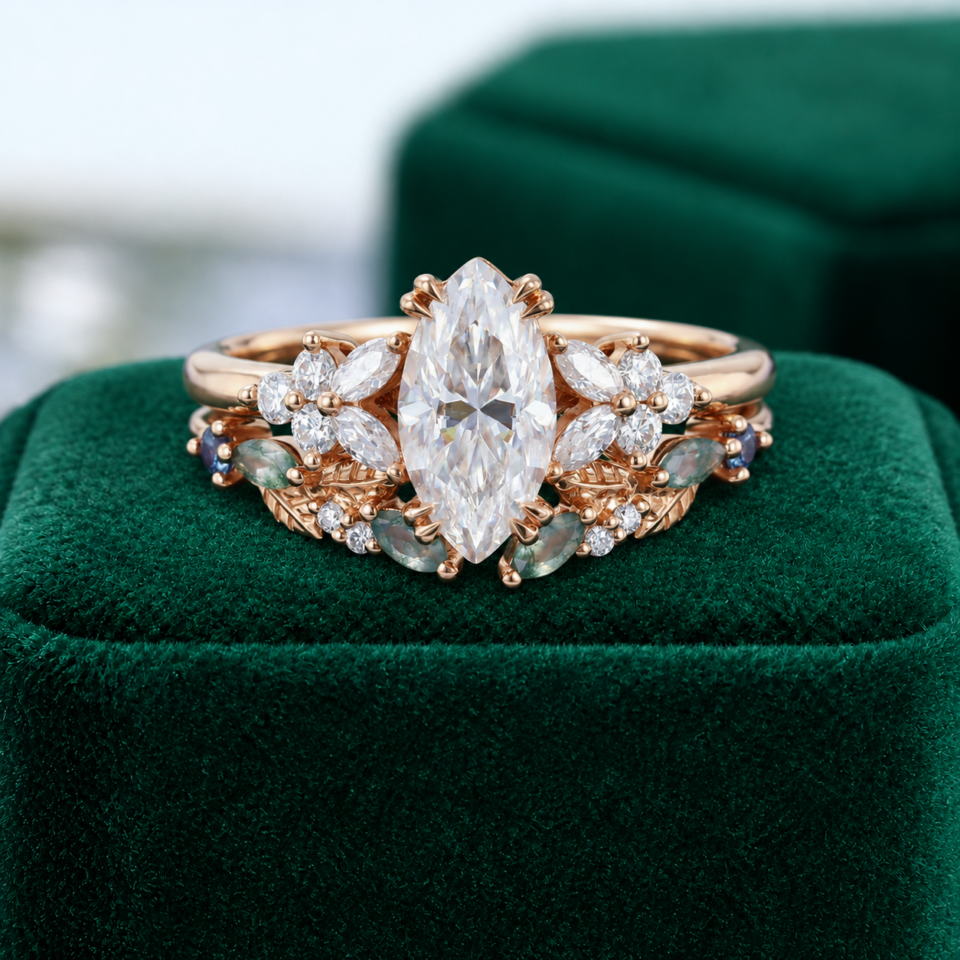Blossom Cluster Engagement Ring Set with Marquise Cut Moissanite – Nature Inspired Bridal Set