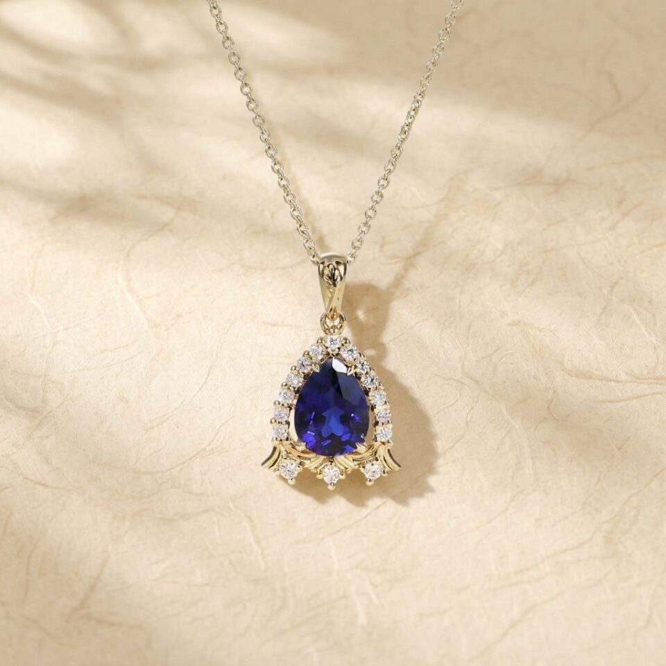 Bluebell Pendant Necklace with Pear Cut Sapphire for Women, September Birthday Gift for Her1