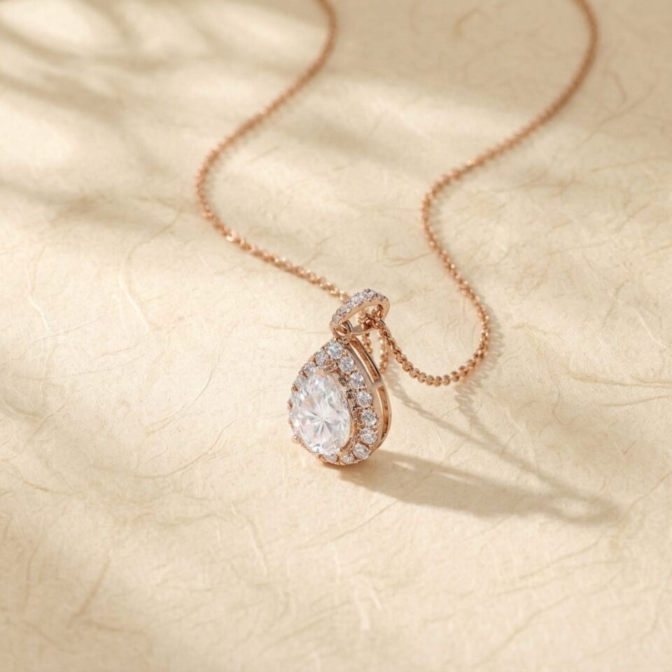Cable Chain Necklace with Pear Cut Moissanite Halo Pendant for Women1