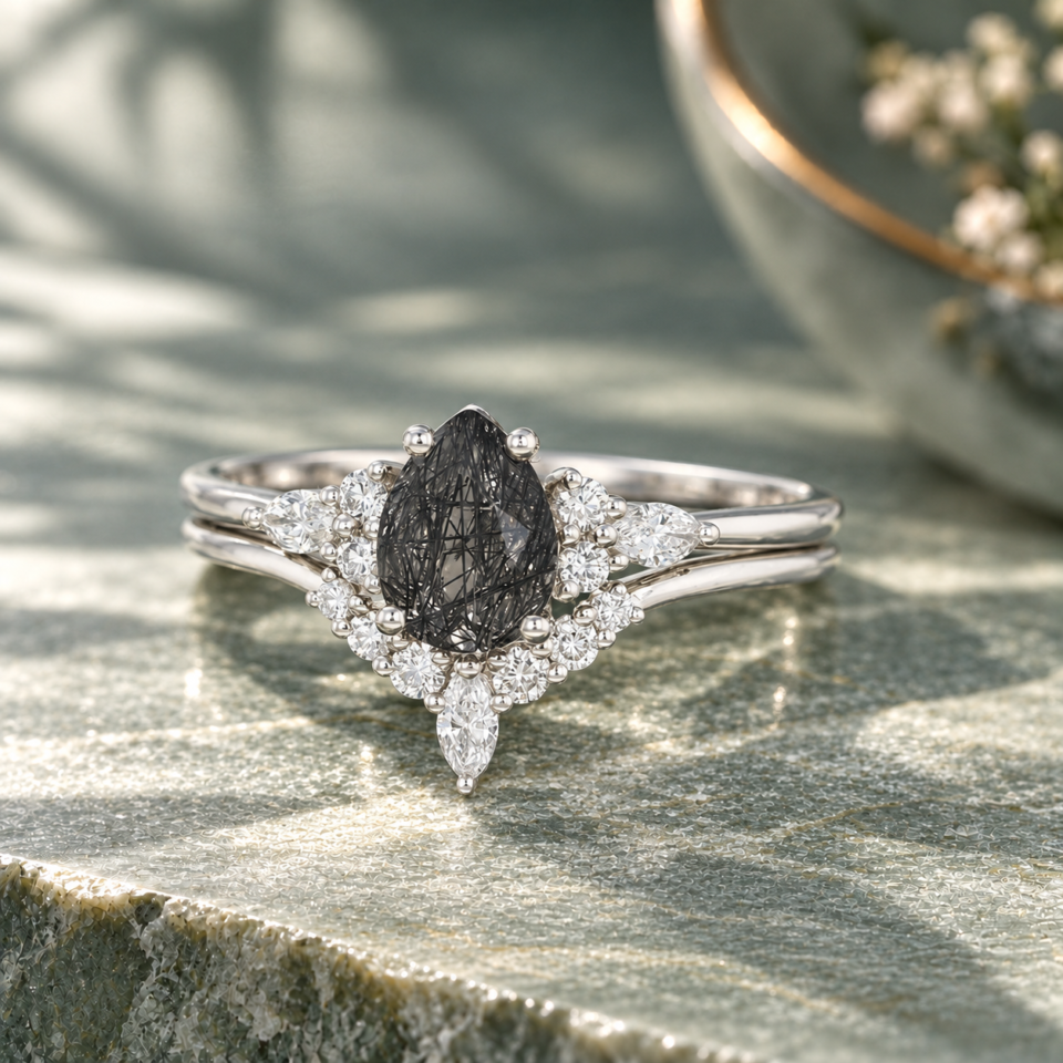 Classic Cluster Bridal Ring Set with Pear-Cut Black Rutilated Quartz (1)