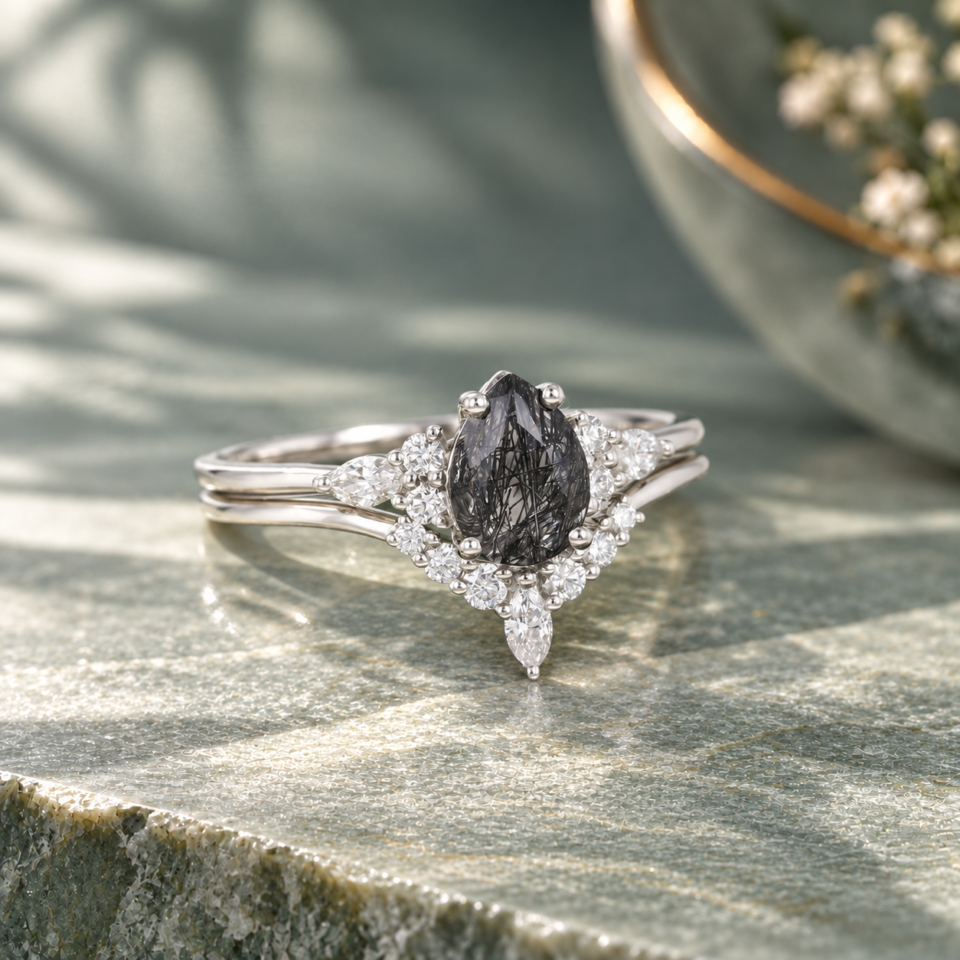 Classic Cluster Bridal Ring Set with Pear-Cut Black Rutilated Quartz (2)