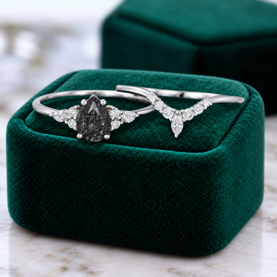 Classic Cluster Bridal Ring Set with Pear-Cut Black Rutilated Quartz (3)