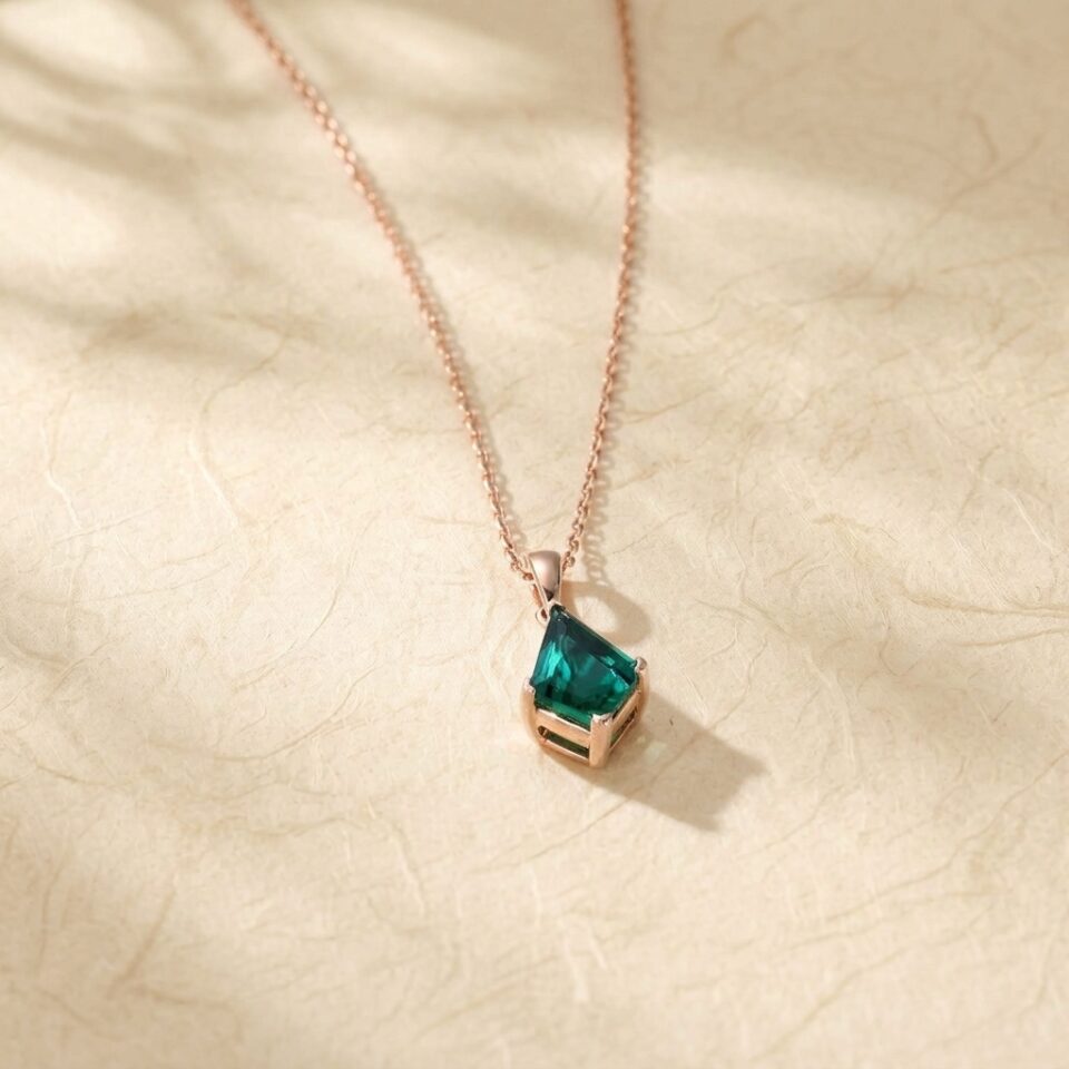 Corner Prong Seat Kite Cut Emerald Solitaire Pendant Necklace4