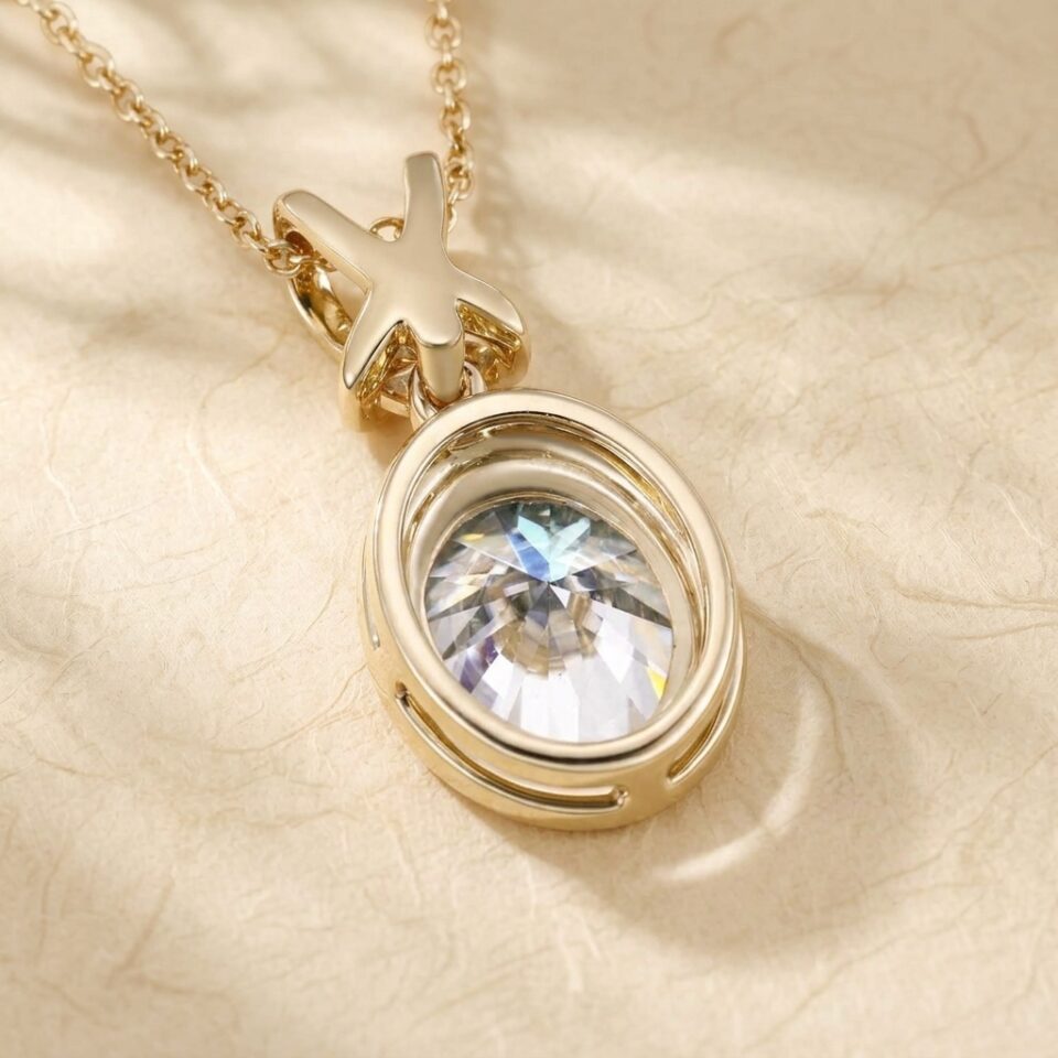 Criss Cross Accented Oval Cut Moissanite Halo Pendant Necklace1