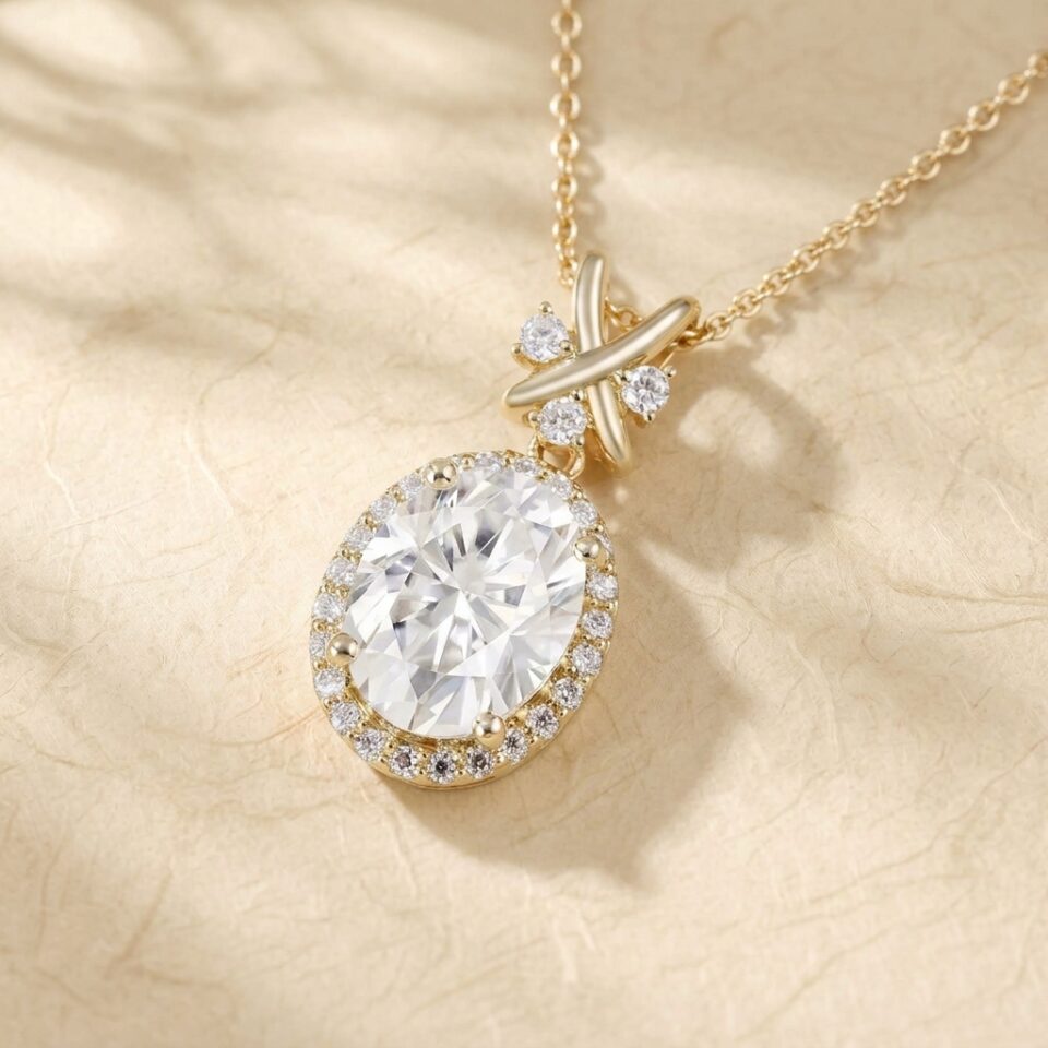 Criss Cross Accented Oval Cut Moissanite Halo Pendant Necklace4