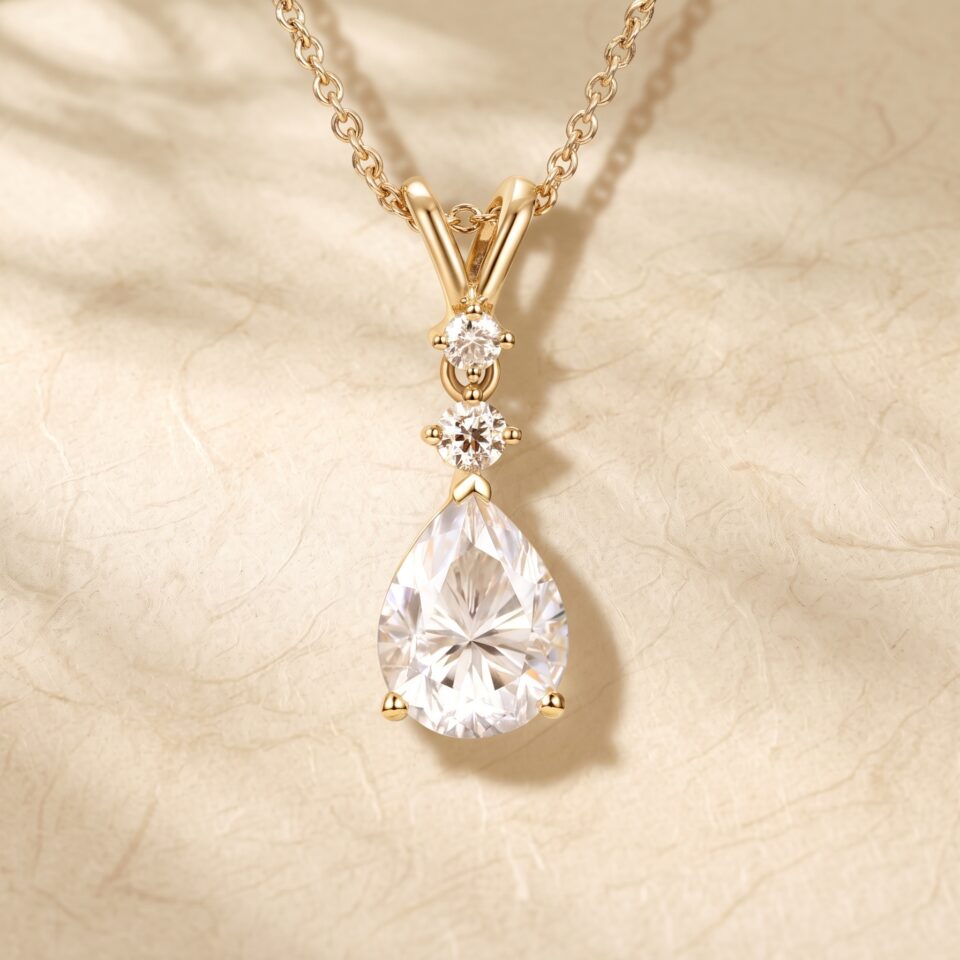 Diamond Accented Pear Cut Moissanite Three Stone Pendant Necklace5