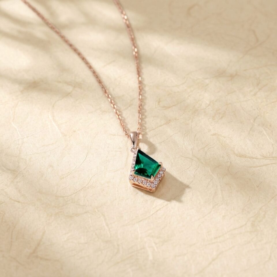 Diamond Halo Accented Kite Cut Emerald Pendant Necklace for Women5