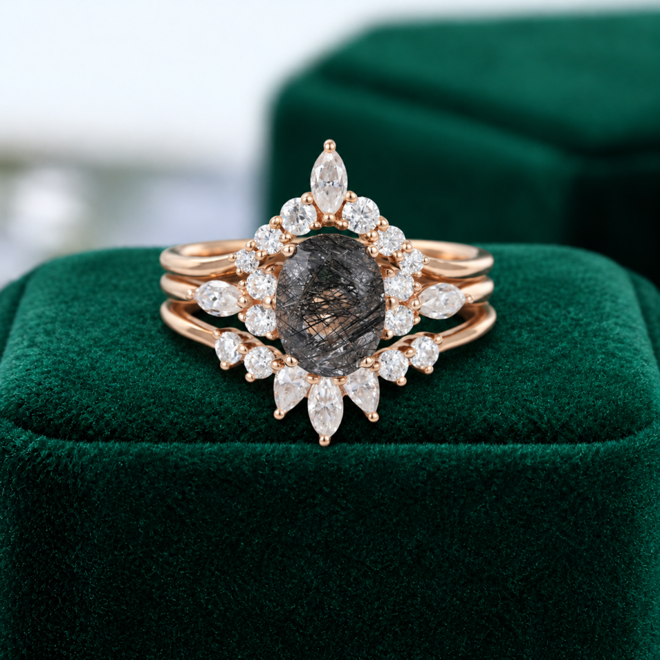 Elegant 3-Piece Black Rutilated Quartz Bridal Ring Set (1)