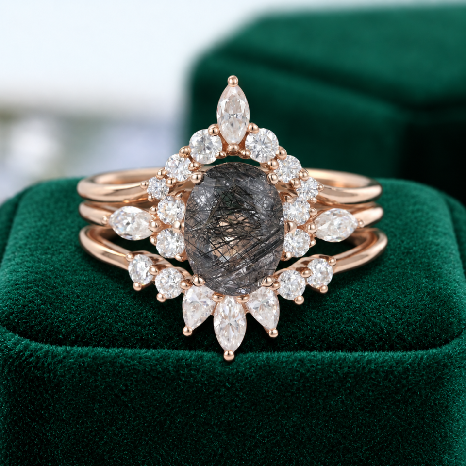 Elegant 3-Piece Black Rutilated Quartz Bridal Ring Set