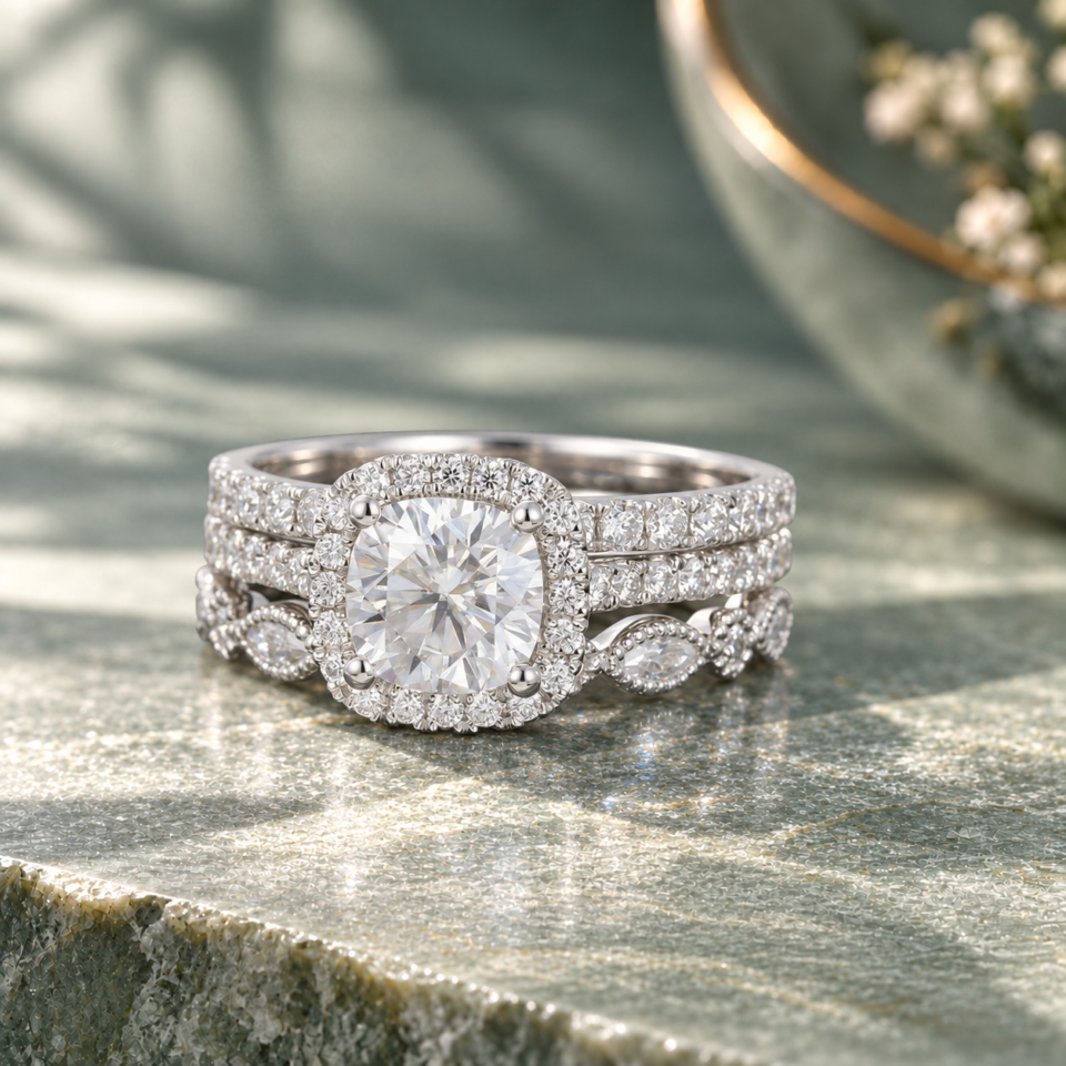 Elegant 3-Piece Cushion-Cut Moissanite Engagement & Wedding Ring Set (1)