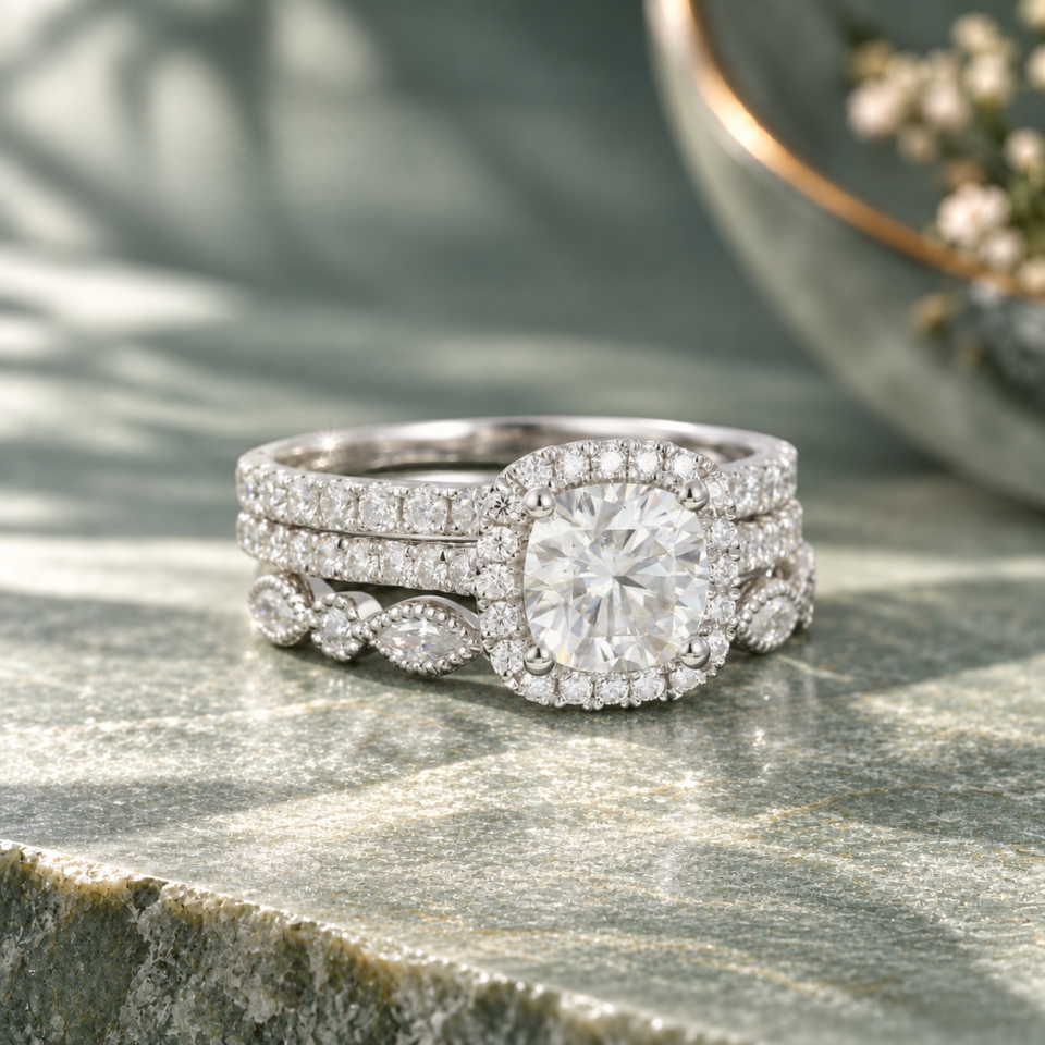 Elegant 3-Piece Cushion-Cut Moissanite Engagement & Wedding Ring Set (2)
