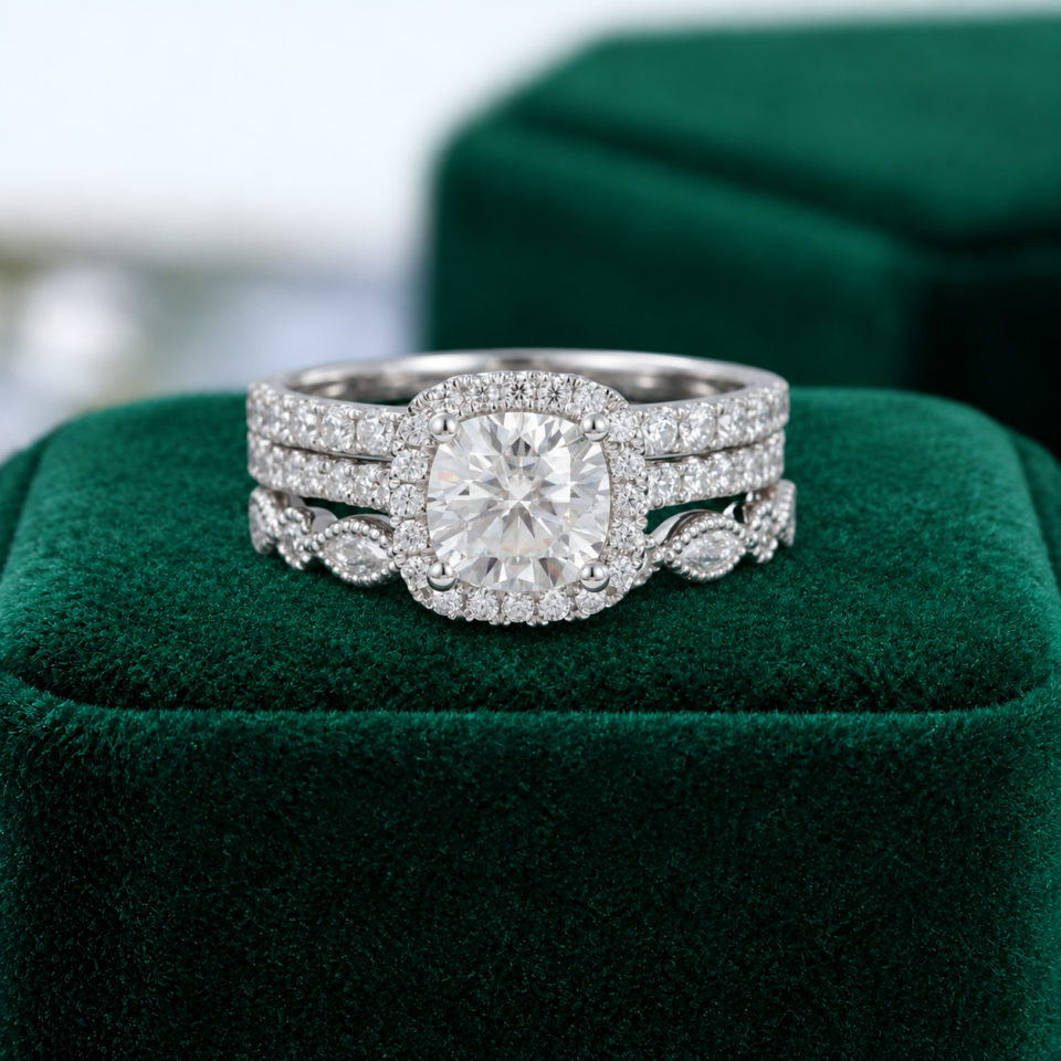 Elegant 3-Piece Cushion-Cut Moissanite Engagement & Wedding Ring Set