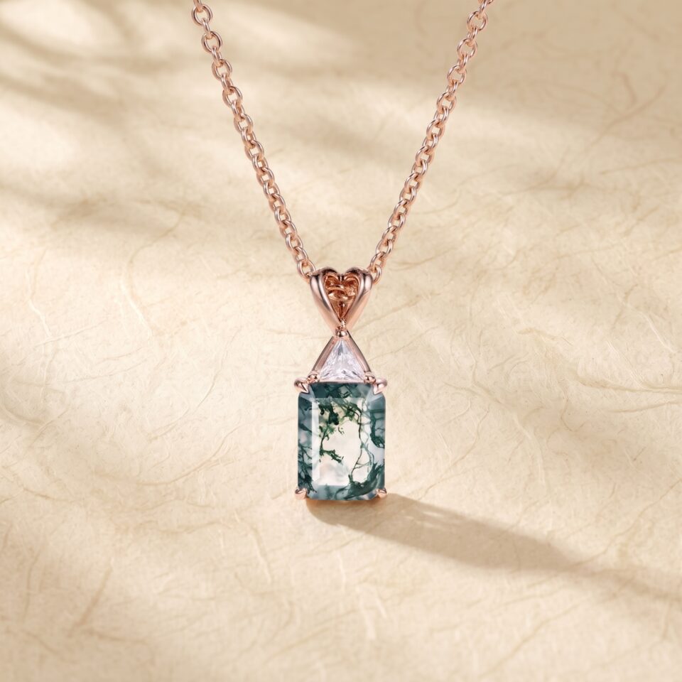 Elegant Emerald Cut Moss Agate Pendant with Triangular Moissanite Detail5