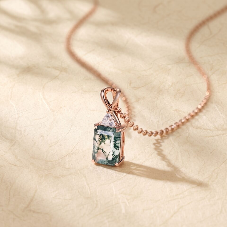 Elegant Emerald Cut Moss Agate Pendant with Triangular Moissanite Detail6
