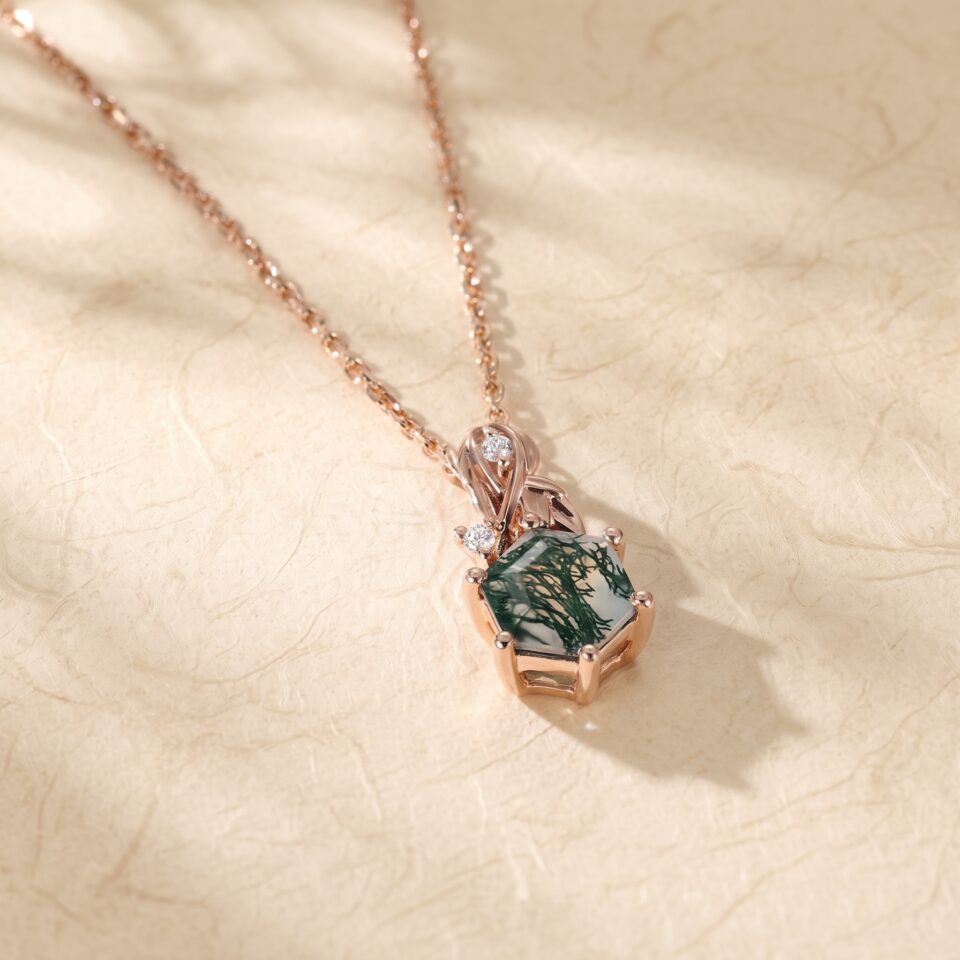 Elegant Hexagon Cut Moss Agate Leaf Necklace for Women6