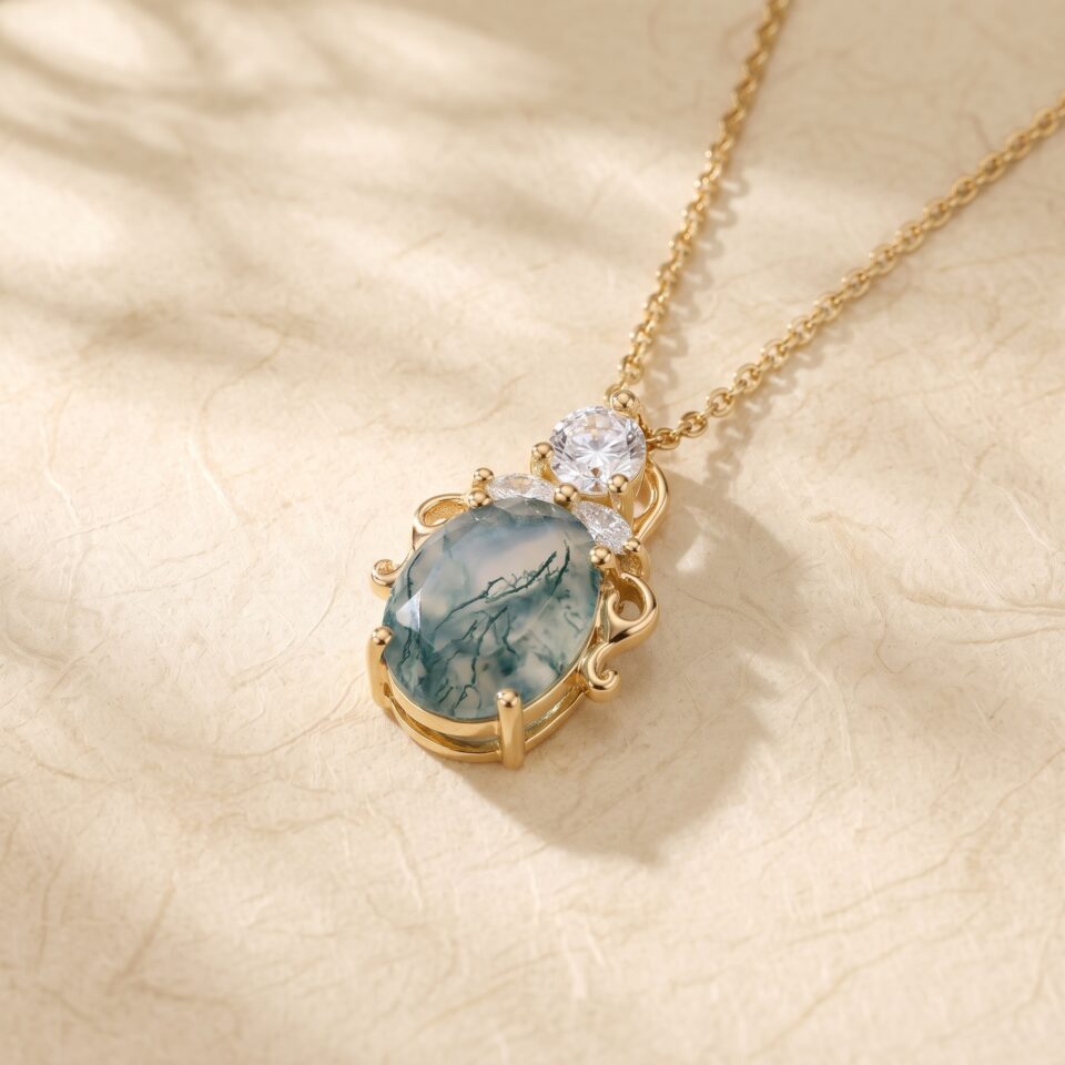 Elegant Oval Cut Moss Agate Filigree Necklace3