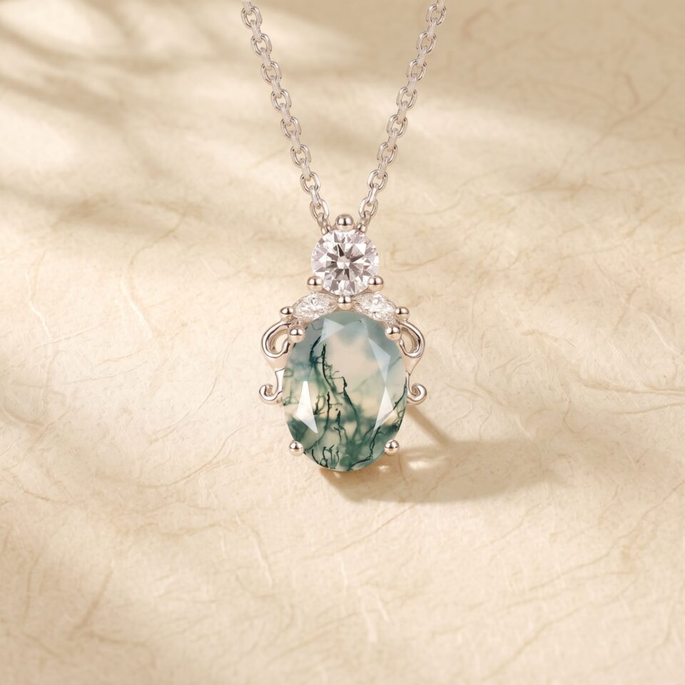 Elegant Oval Cut Moss Agate Filigree Necklace5