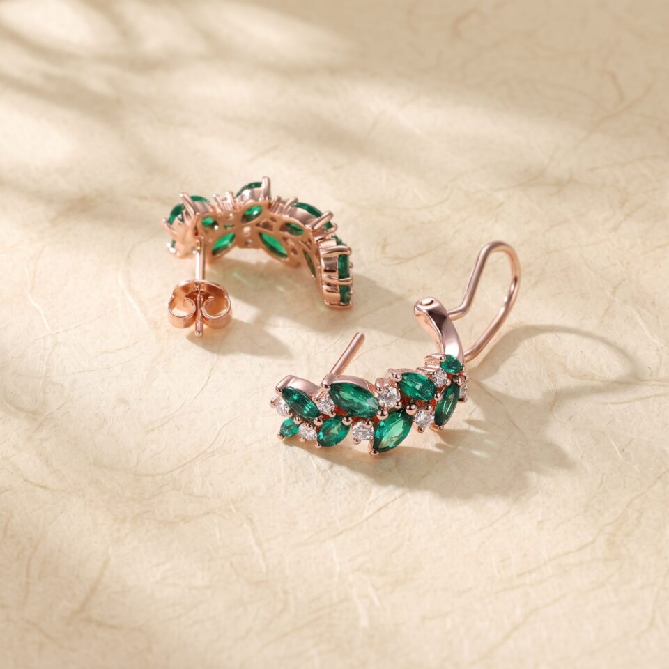 Emerald Cluster Leverback Earrings with Elegant Leaf Design (2)