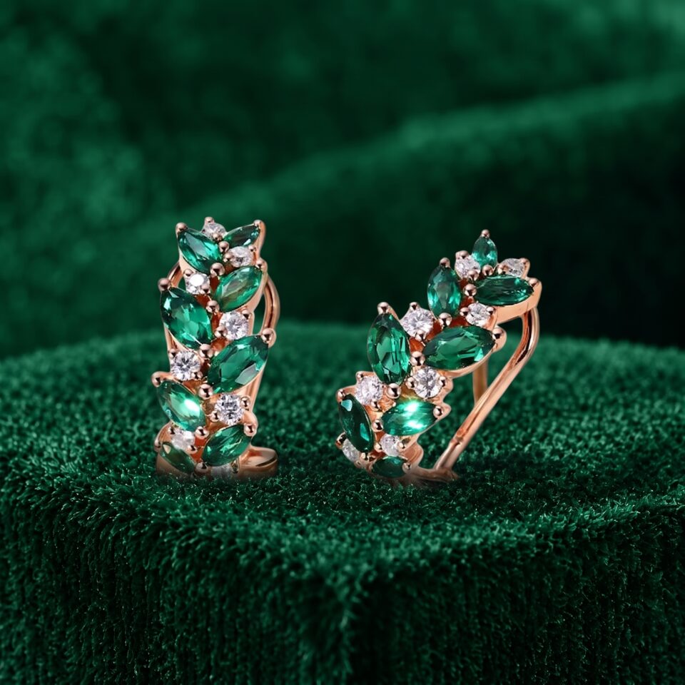 Emerald Cluster Leverback Earrings with Elegant Leaf Design