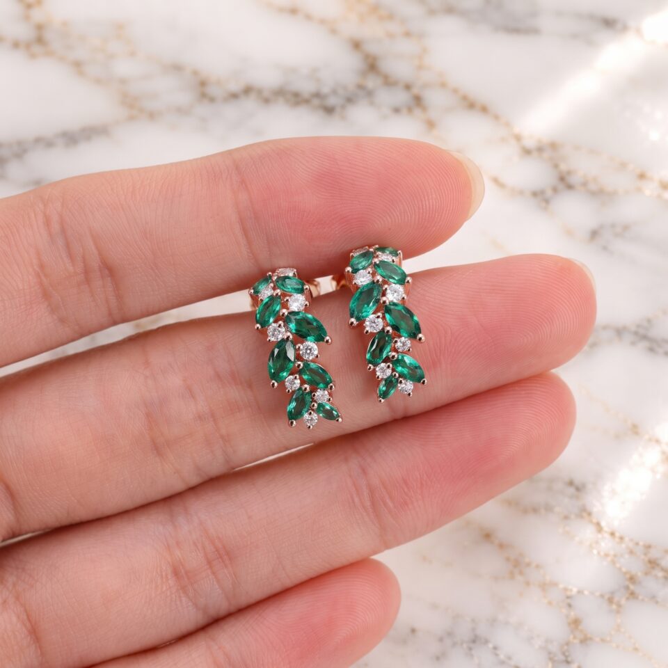 Emerald Cluster Leverback Earrings with Elegant Leaf Design (4)