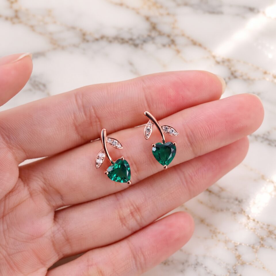Emerald Heart Shaped Stud Earrings with Floral Design (1)