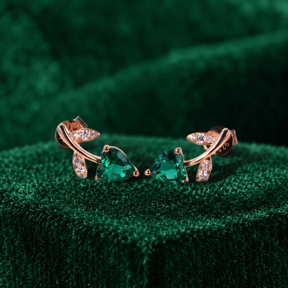 Emerald Heart Shaped Stud Earrings with Floral Design