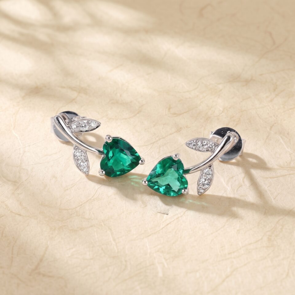Emerald Heart Shaped Stud Earrings with Floral Design (5)