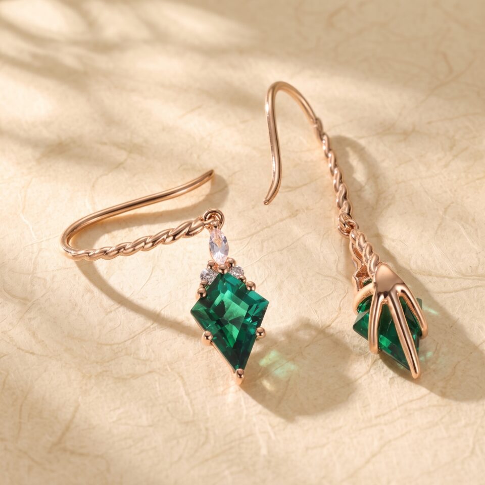 Emerald Kite Cut Dangle Earrings with Twisted Design (2)