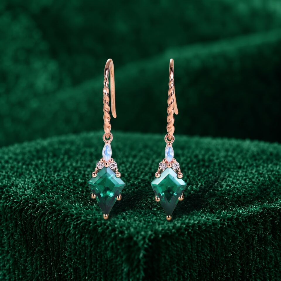 Emerald Kite Cut Dangle Earrings with Twisted Design