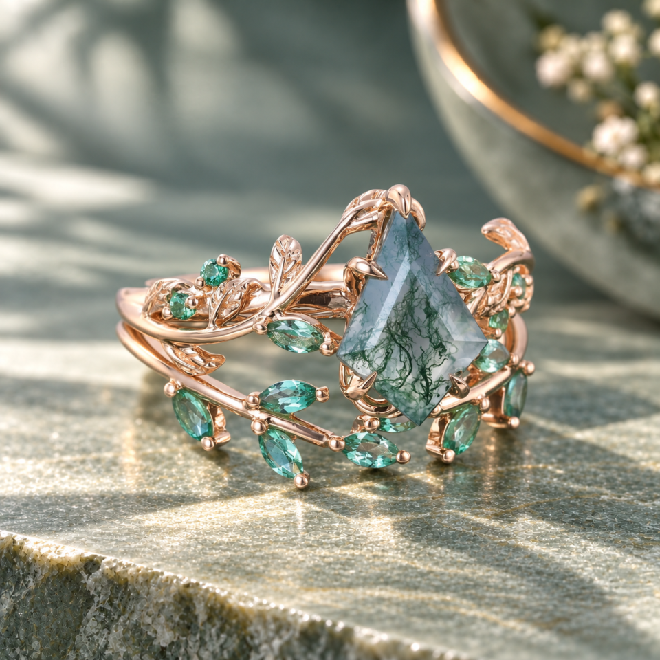 Emerald Leaf Nature-Inspired Bridal Ring Set Featuring Kite-Cut Moss Agate (2)