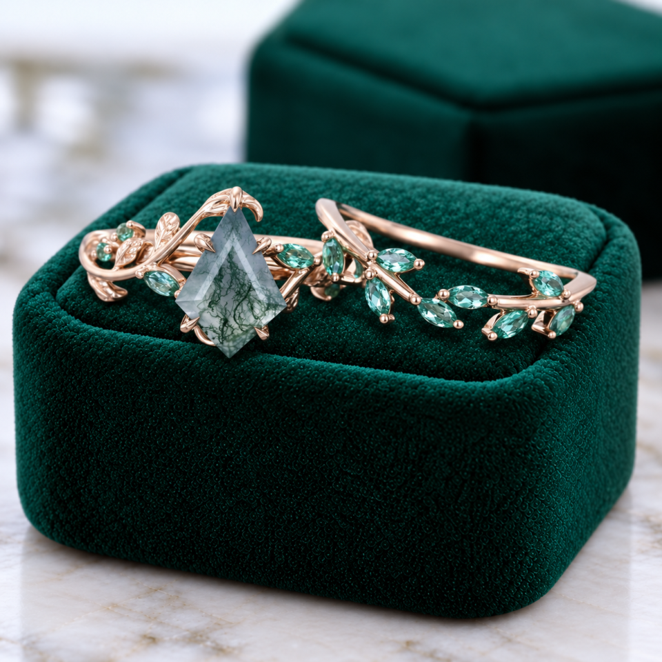 Emerald Leaf Nature-Inspired Bridal Ring Set Featuring Kite-Cut Moss Agate (4)