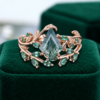 Emerald Leaf Nature-Inspired Bridal Ring Set Featuring Kite-Cut Moss Agate (5)