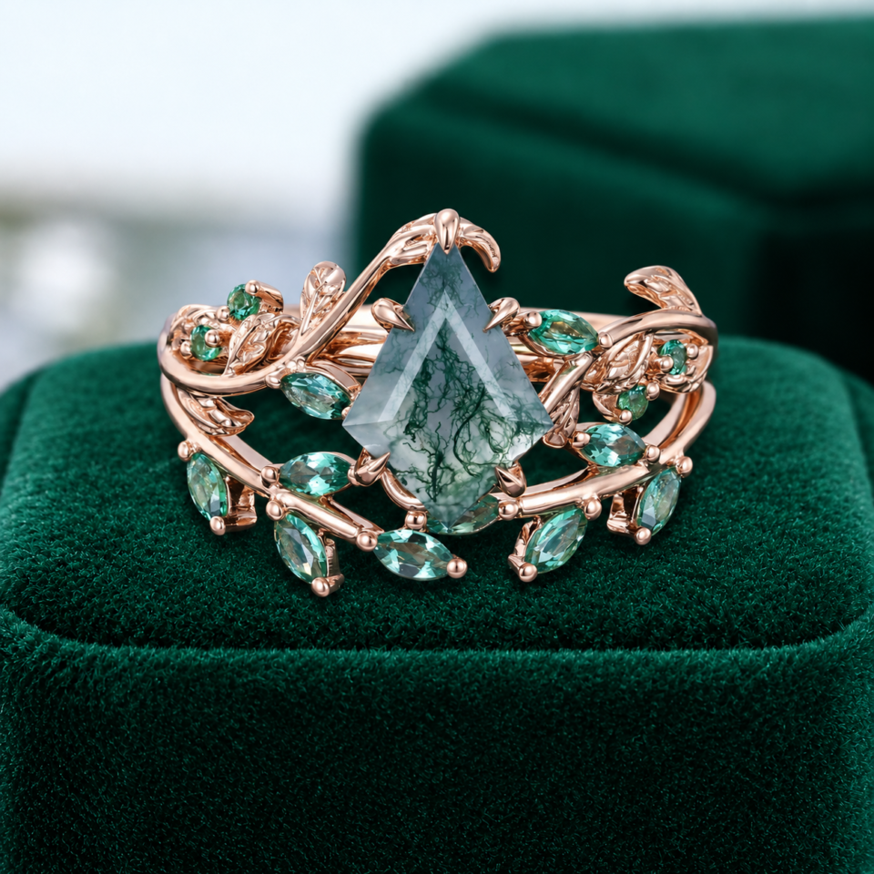 Emerald Leaf Nature-Inspired Bridal Ring Set Featuring Kite-Cut Moss Agate