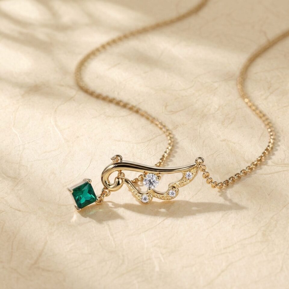 Emerald and Diamond Accented Angel Wing Pendant Necklace2