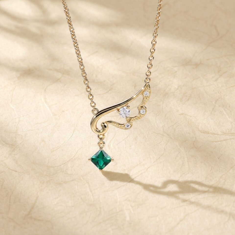 Emerald and Diamond Accented Angel Wing Pendant Necklace3
