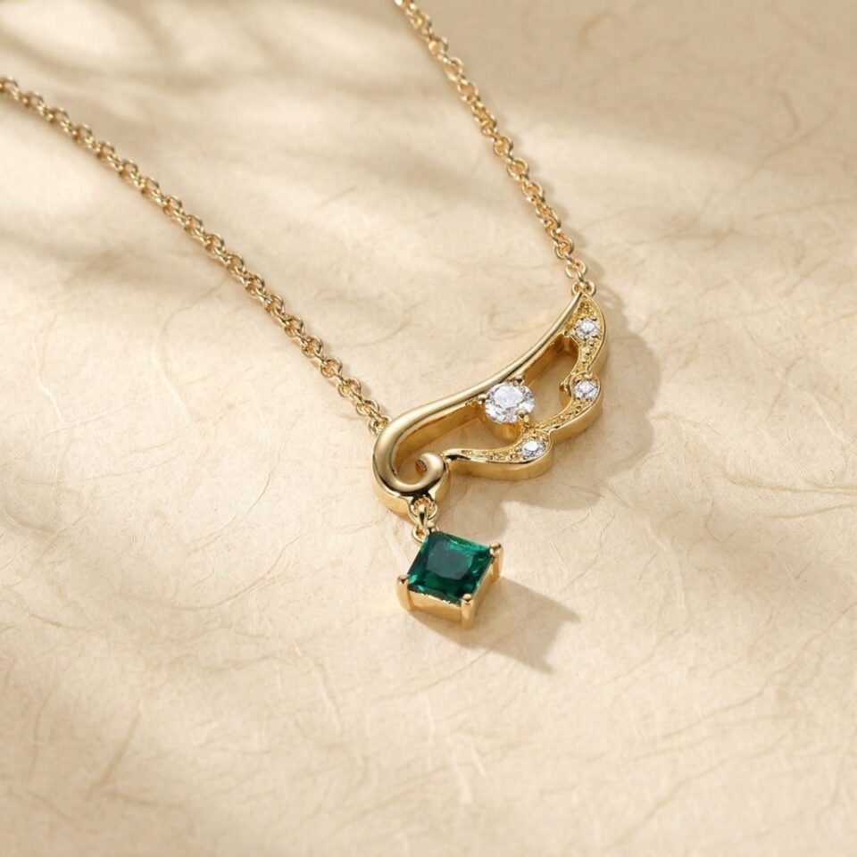 Emerald and Diamond Accented Angel Wing Pendant Necklace4