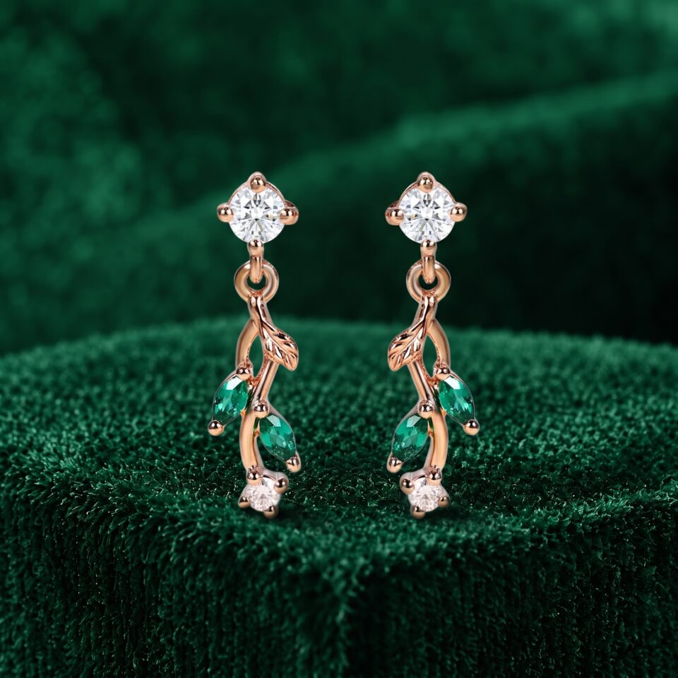 Emerald and Diamond Botanical Dangle Earrings with Organic Leaf Design