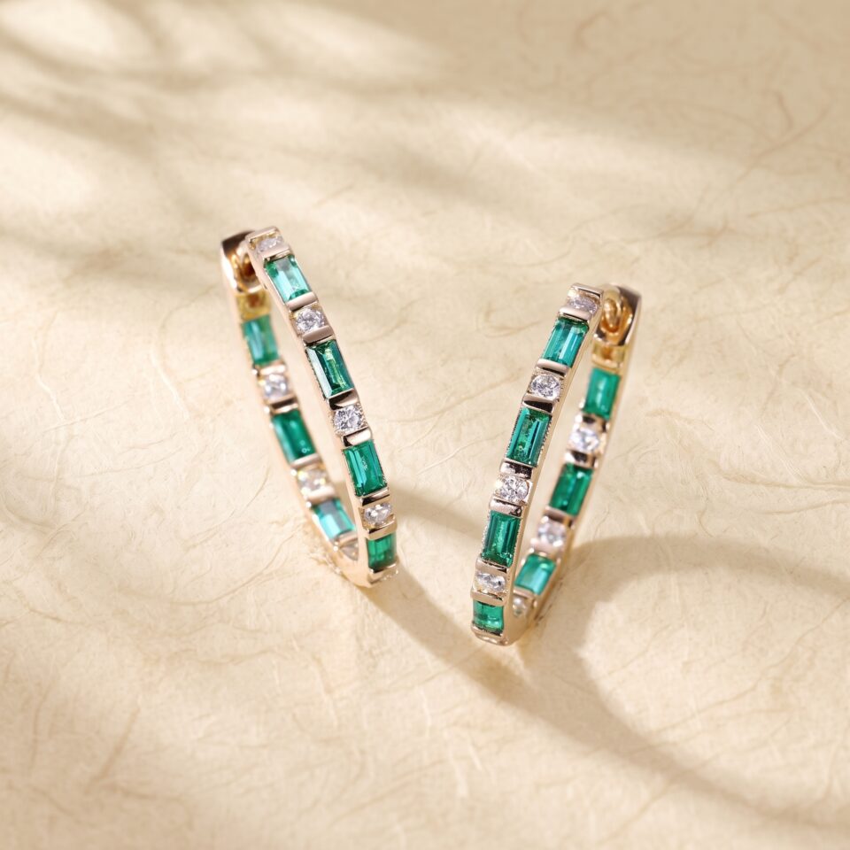 Emerald and Diamond Huggie Earrings with Alternating Baguette and Round Cuts (1)