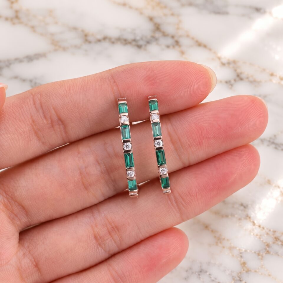 Emerald and Diamond Huggie Earrings with Alternating Baguette and Round Cuts (2)