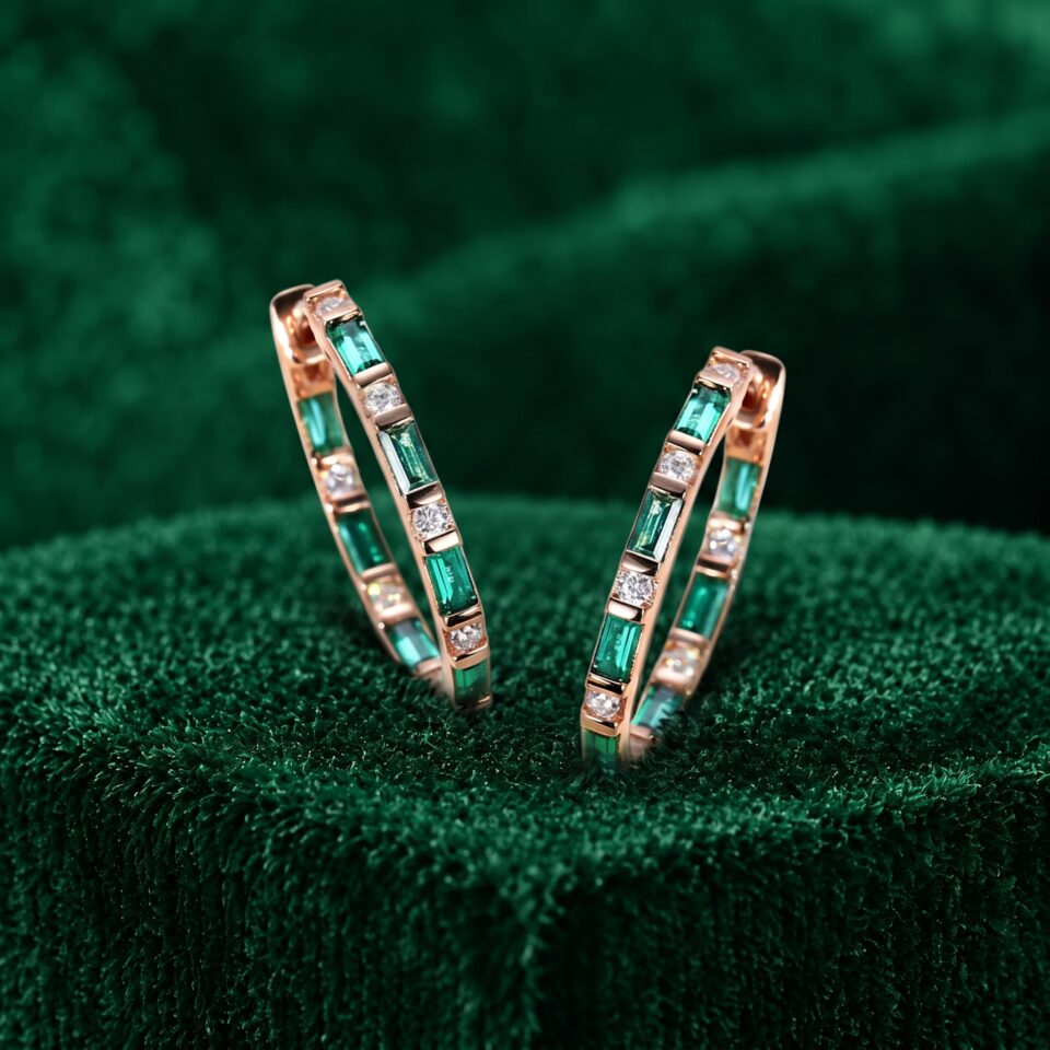 Emerald and Diamond Huggie Earrings with Alternating Baguette and Round Cuts