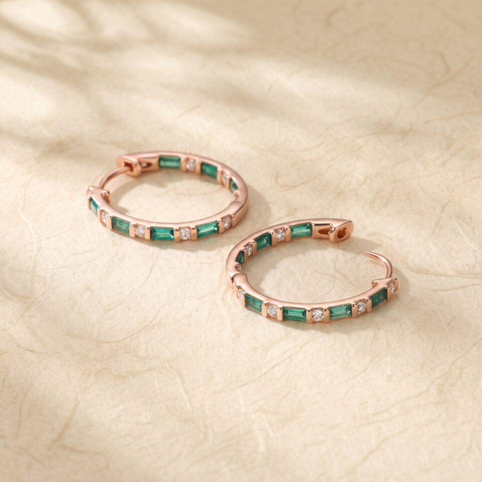 Emerald and Diamond Huggie Earrings with Alternating Baguette and Round Cuts (4)