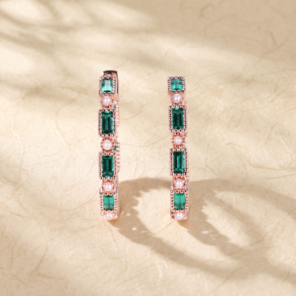 Emerald and Pearl Vintage Style Huggie Earrings with Milgrain Edges (2)