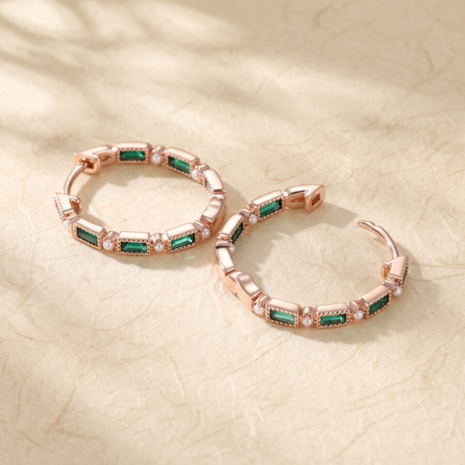 Emerald and Pearl Vintage Style Huggie Earrings with Milgrain Edges (3)