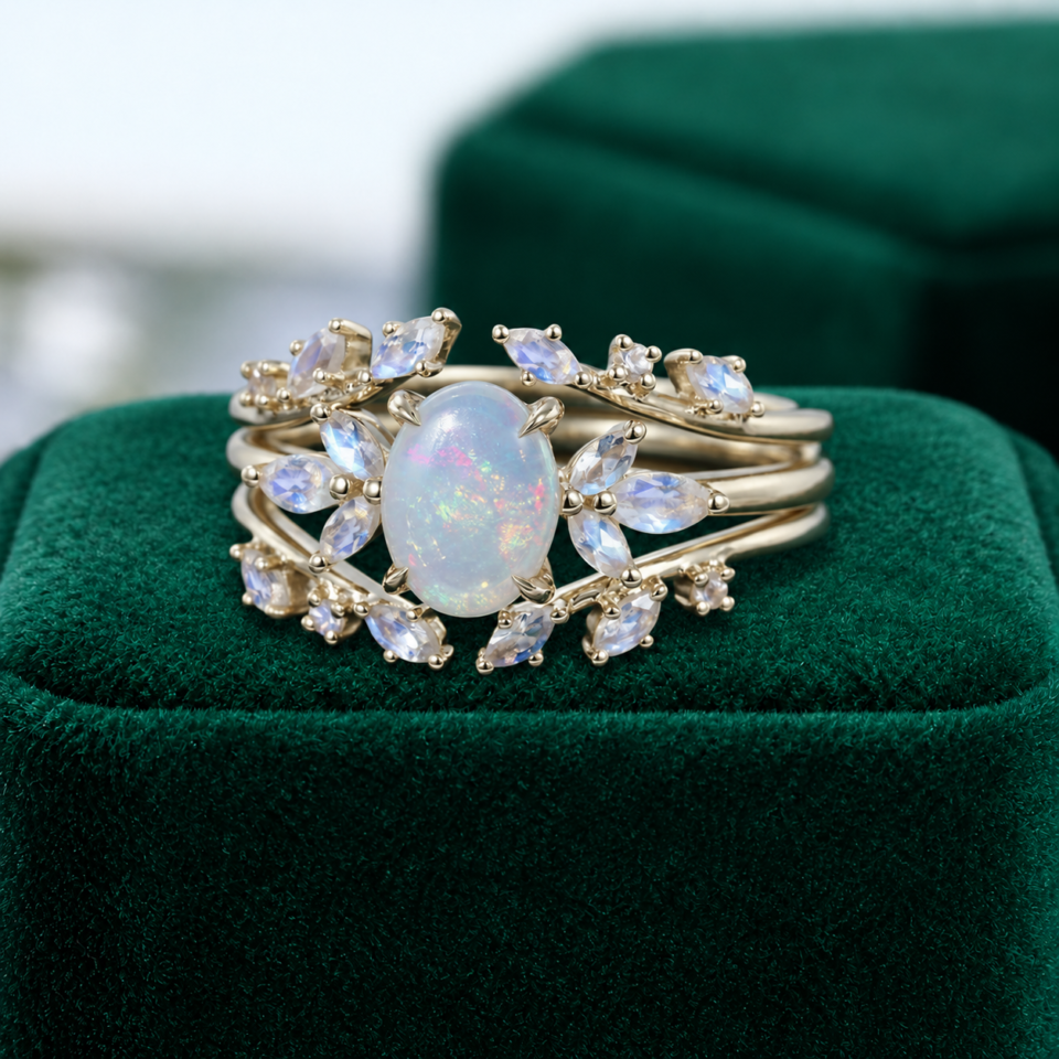 Fantasy-Inspired Engagement Ring Set with Opal & Moonstone (1)