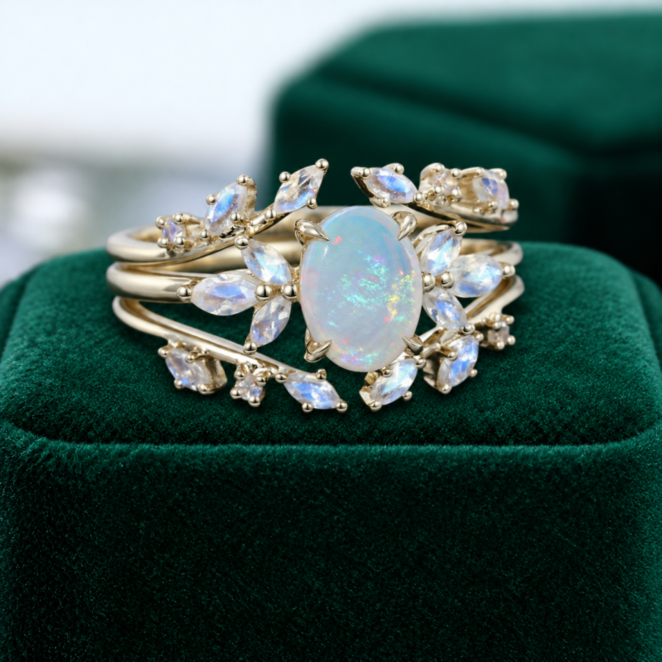 Fantasy-Inspired Engagement Ring Set with Opal & Moonstone
